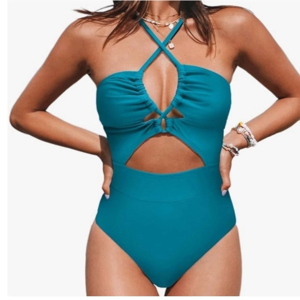 Cupshe One Piece Swimsuit Women Small Teal Cutout Halter Ruched Monokini NEW
